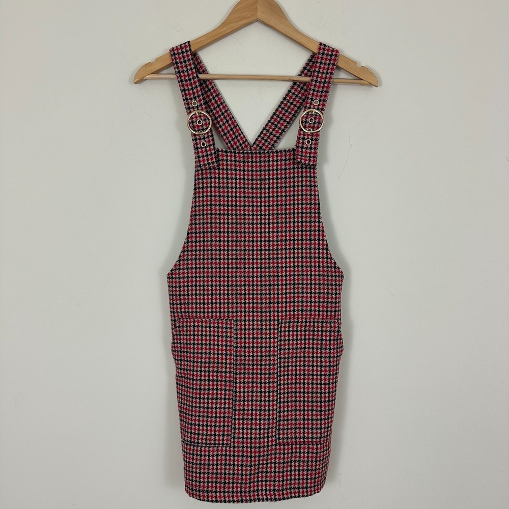 Forever 21 Overall Dress Red Black Houndstooth Wool Blend Academia Womens S
